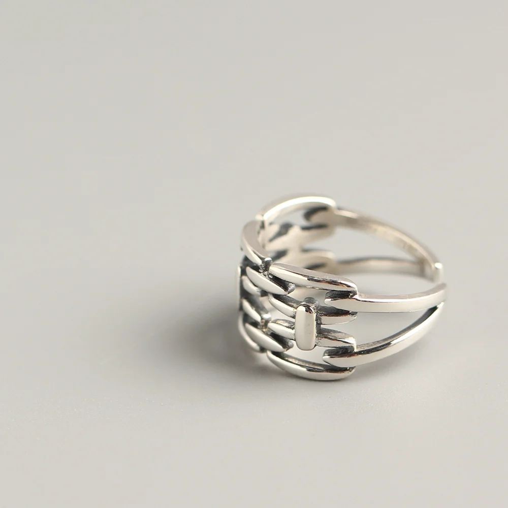 KRJ0252 Trendy Ins Minimalist S925 Sterling Silver Vintage Ring   East Gate Double Layer Chain Ring