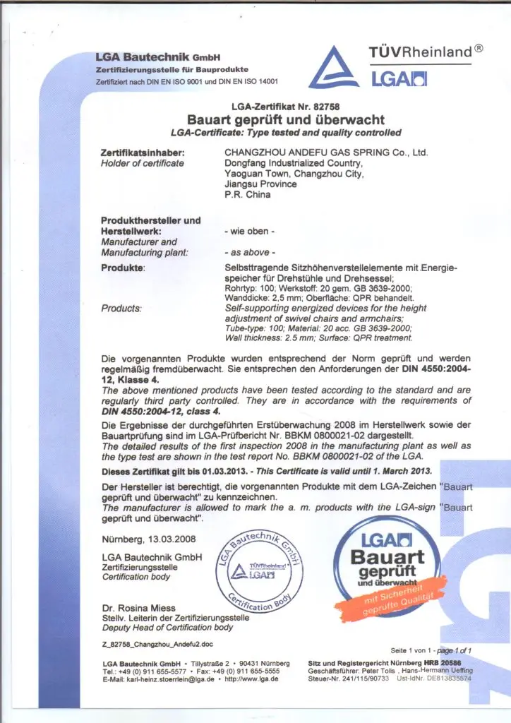 High Precision Bifma class 4 gas lift chair cylinder durable office chair gas spring