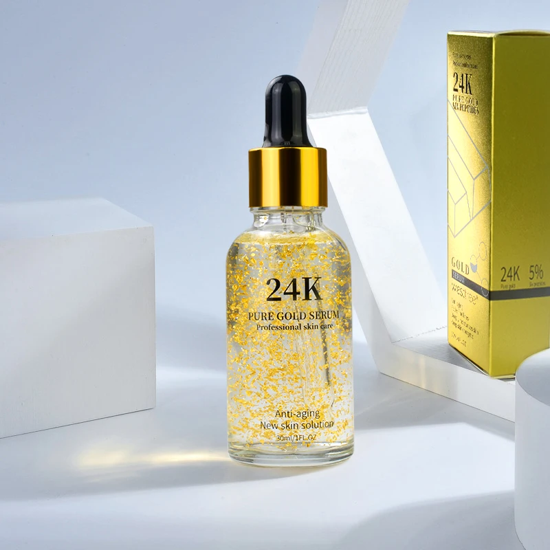 30ml OEM Natural Organic 24 K Gold Facial Repair Essence Skin Whitening Brightening Collagen Acne 24K Gold Face Serum