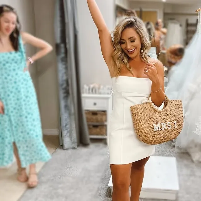 Bridesmaid Beach Bag Customized Straw Bags Personalized Straw Basket Bridal Shower Bag White Pearl & Rhinestone Letter Patches