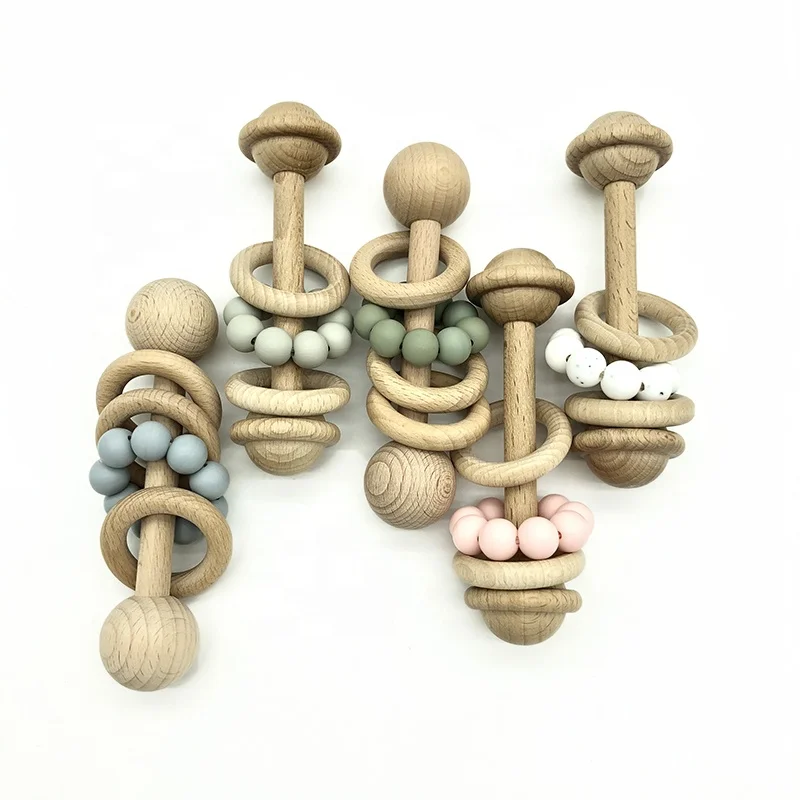 wholesale  Beech Wooden Grasping Montessori Style Baby Teething Rattle for Toddlers Nursing Toysntreated Organic