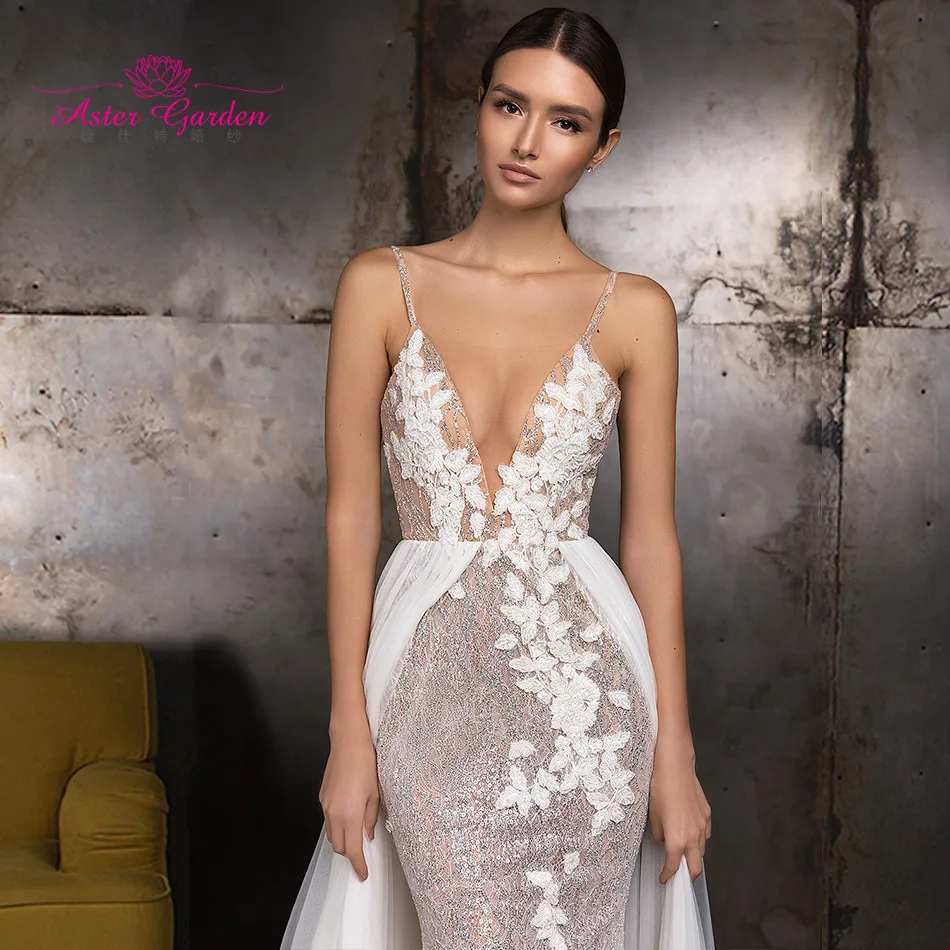 Aster garden Mermaid Wedding Dress 2021 Boho Sexy V-neckline Spaghetti Straps Lace Backless Beach Bride Dresses Vestido De Novia