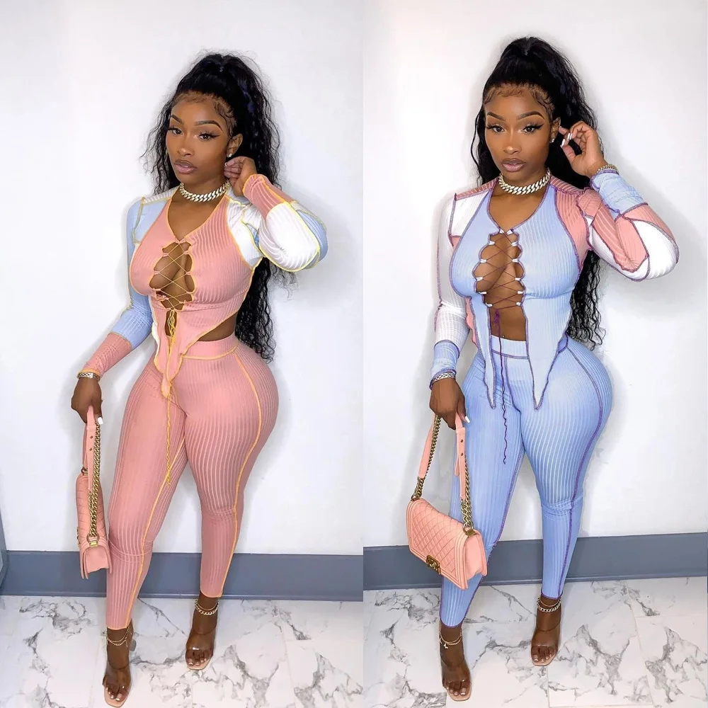 2021 Womens Sexy Colorblock Outfits Two Piece Long Sleeve Lace Up Bodycon Crop Top and High Rise Slim Fitted Leggings Ldies 2 p