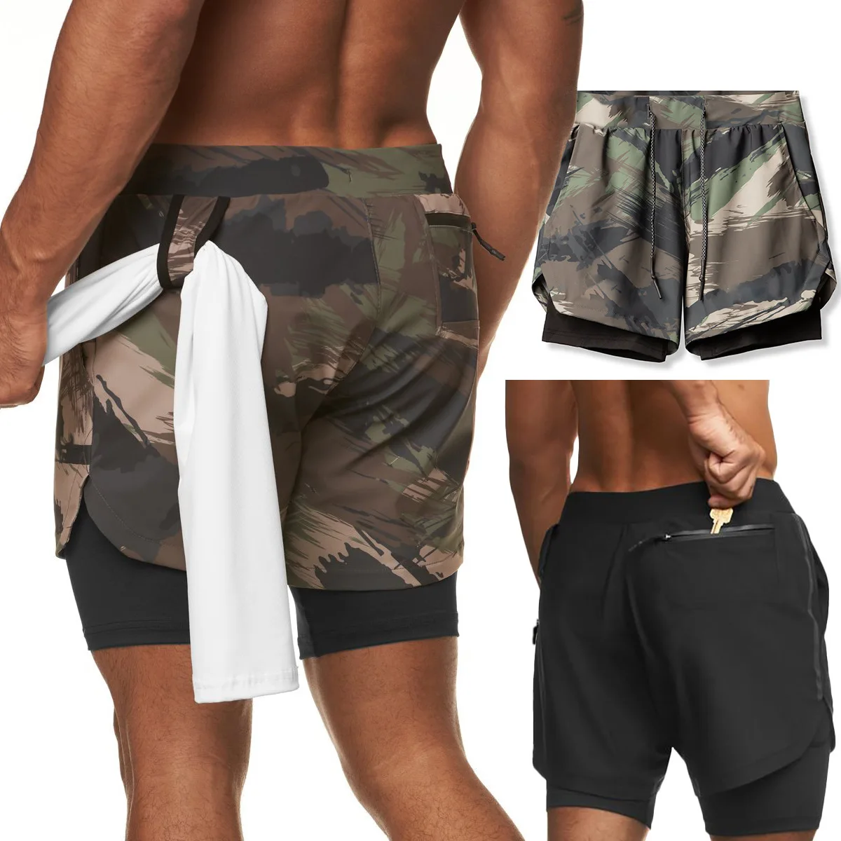 Custom Logo 2 In 1 Lined Sports Mens Shorts Gym Running Jogger Shorts Athletic Mens Gym Shorts For Men