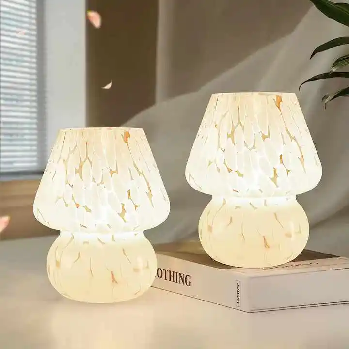 Home Decor White Dimmable Bedside Cute Small Nightstand Striped Glass mini table lamps mushroom for Living Room