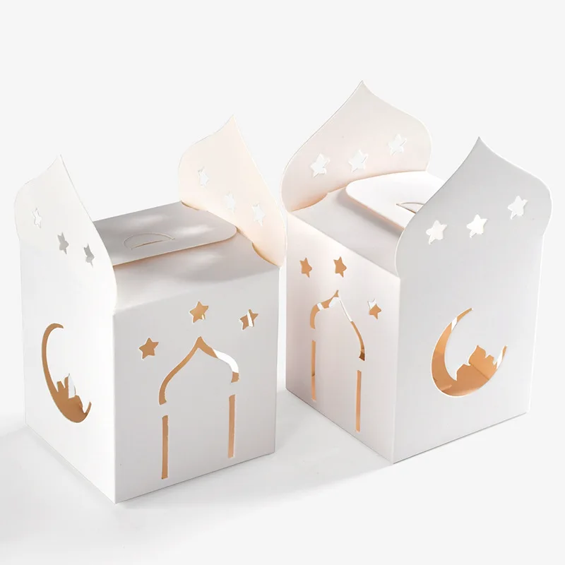 Creative Recycled White Hollow Eid Mubarak Lolly Sweets Paper Boxes Ramadan Chocolate Box Gift Packaging Box