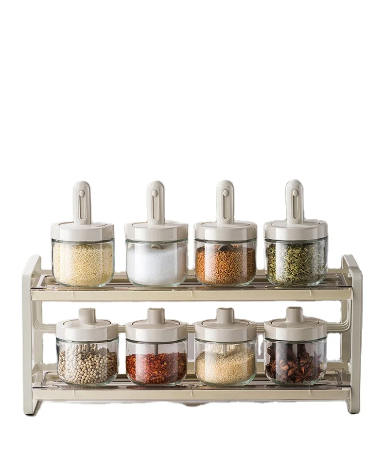 Home kitchen plastic glass integrated spoon cover telescopic spice salt condiment seasoning storage bottle jar