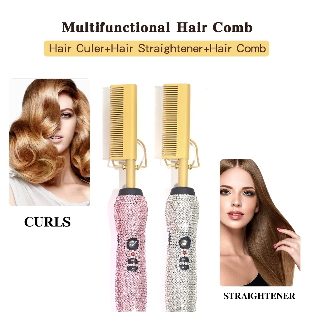 Luxury diamond electric curly hair brush Professional copper metal Hair Straightening Comb bling hot comb