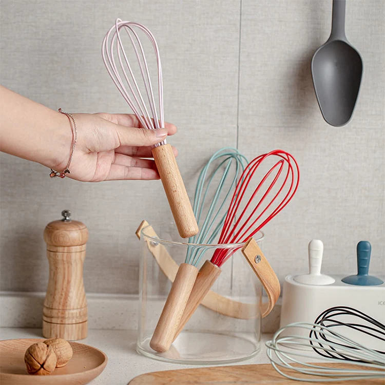 Kingwise Wholesale High Quality Baking Cooking Tools Manual Silicone 10 Inch Whisk Egg Beater With Wood Handle
