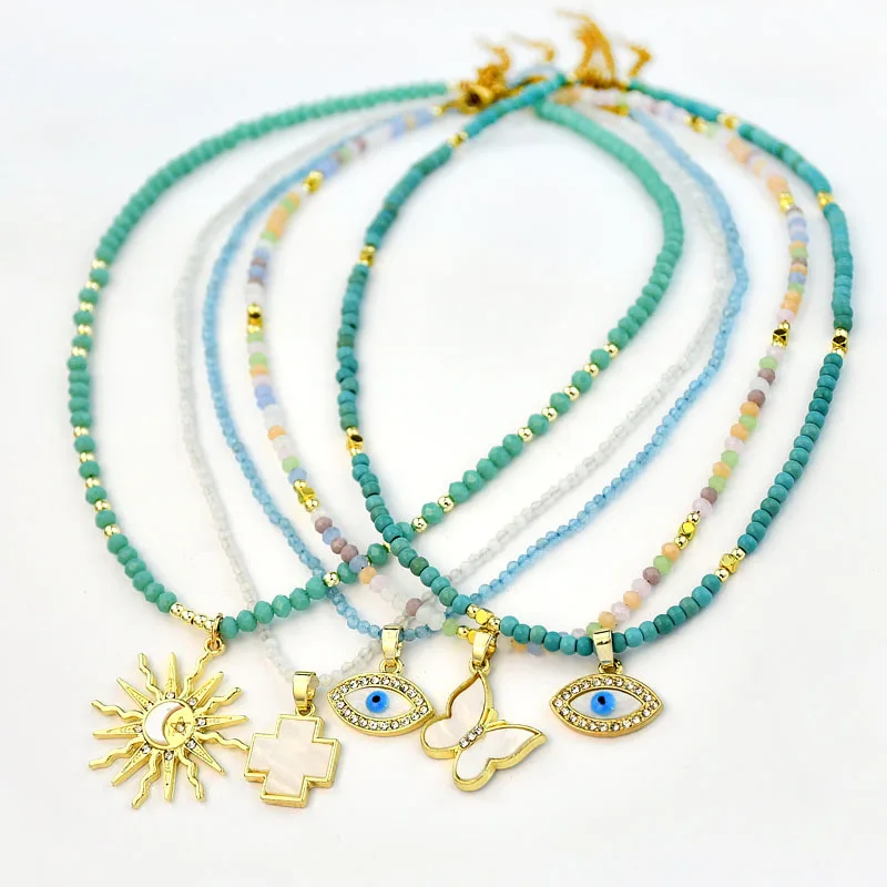 Custom Boho Crystal Necklace Bead Chain Handmade Cut Stone Bohemian Collar Necklaces Evil Eyes Butterfly Rhinestone Necklace