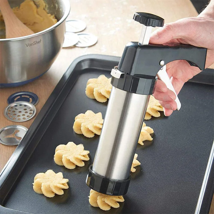 Stainless Steel Biscuit Press Cookie Gun Set 20 Cookie discs 4 nozzles DIY Biscuit Maker Churro Maker Cookie Press Gun Kit