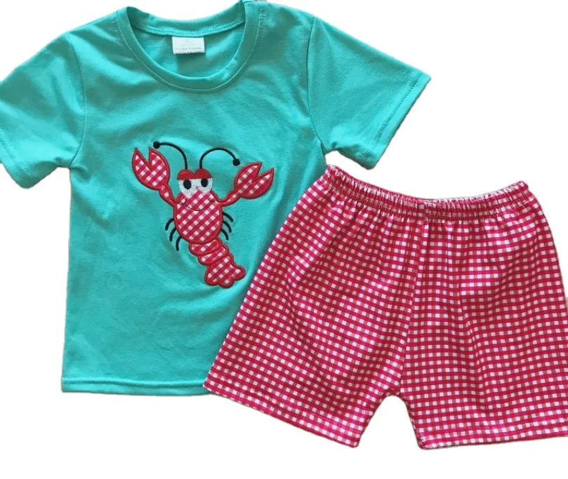 wholesale high quality embroidery lobster boy and girl clothes two-piece  set