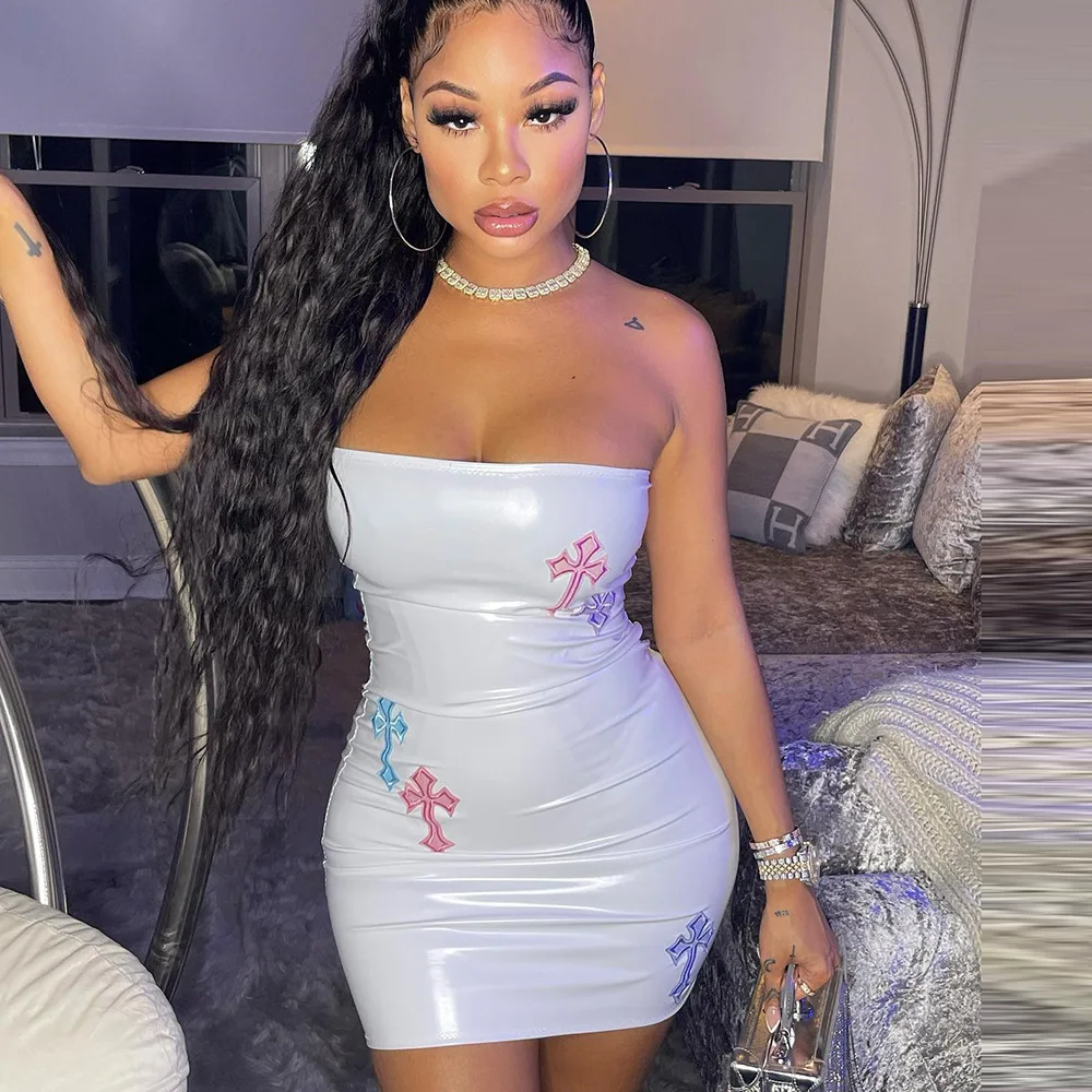 Embroidered Cross Pattern Tube Sleeveless Mini Women Street Sexy Dresses Summer