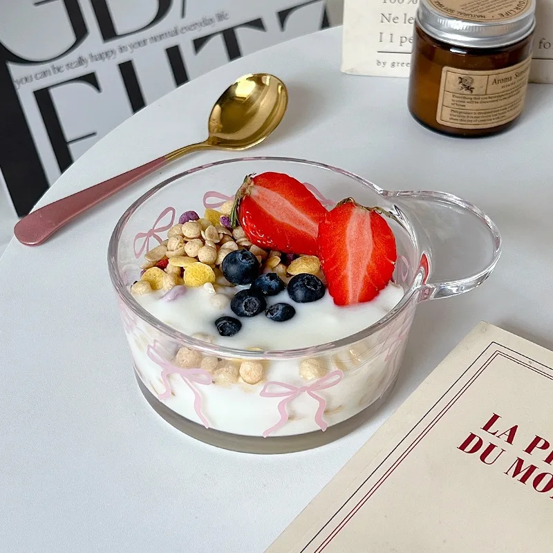 Lelyi Ins Hot selling Cute Bow Glass Bowl Set High Quality Yogurt Bowl and Coffee Cup Wholesale Price