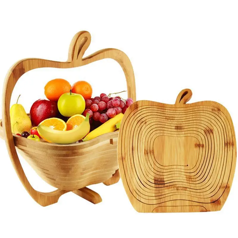 Home Kitchen Collapsible Bamboo Fruit Bowl Holder Apple Shaped Foldable Bamboo Basket For Gift