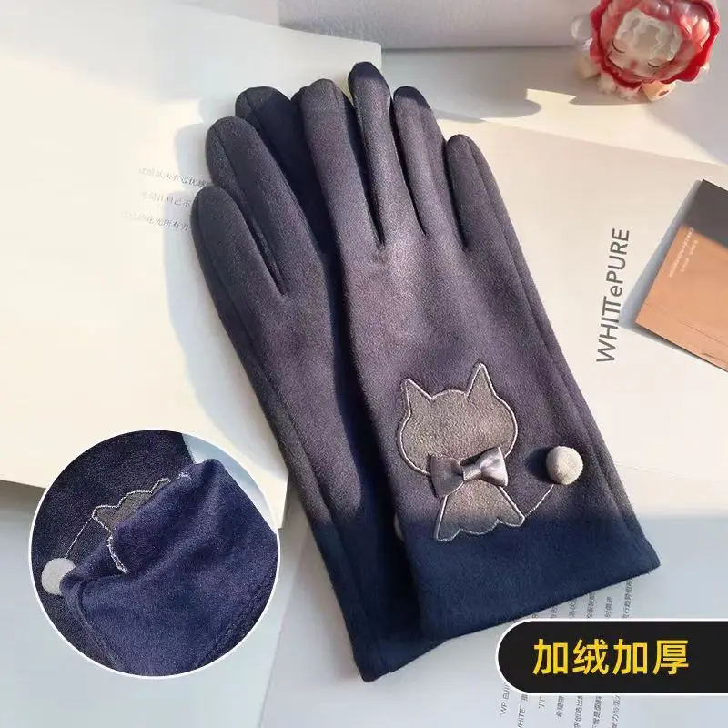 Fall Winter Ladies Faux Suede Glove with Cat Applique Embroidery and Bow Trim