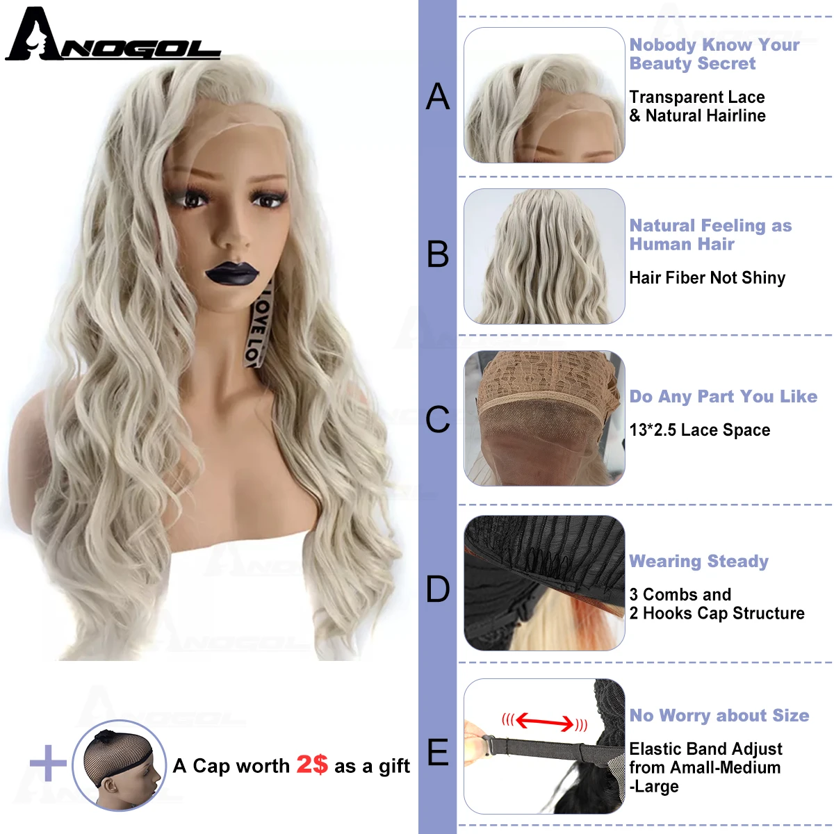 Anogol High Temperature Fiber Ash Blonde Free Part Natural Long Kinky Curly Synthetic Lace Front Wig For Women