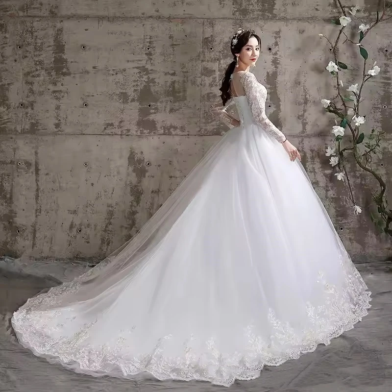 Элегантное свадебное платье Новое для женщин 2023 кружевное вышитое с длинным рукавом длинное