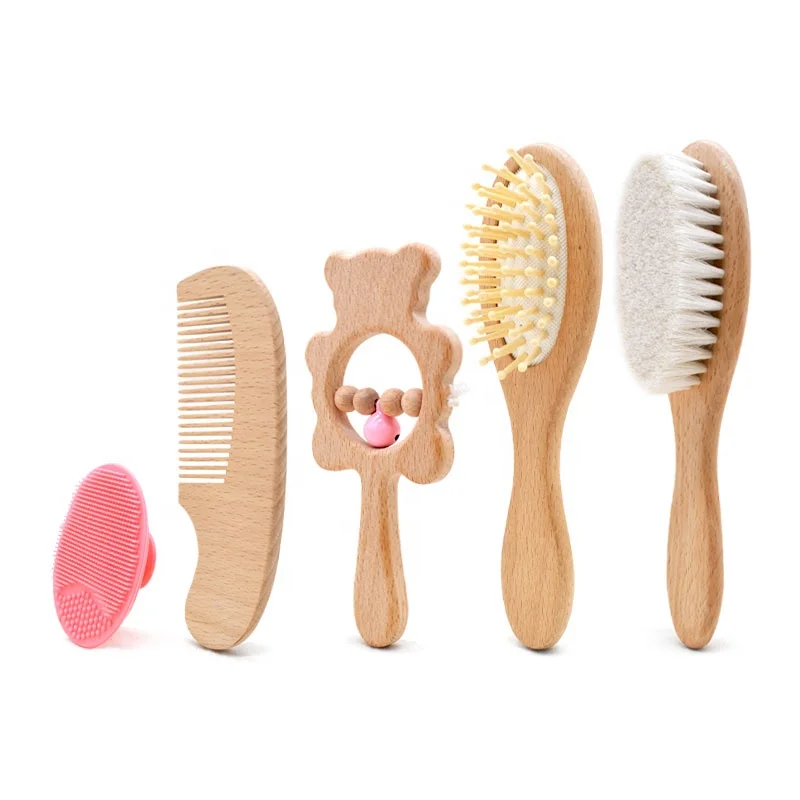 Wholesale 5PCS Natural bambo LOGO Goat Bristle  Silicone Bath Brush Wood  Newborn  Shower bamboo Baby Hair Brush and Comb Set