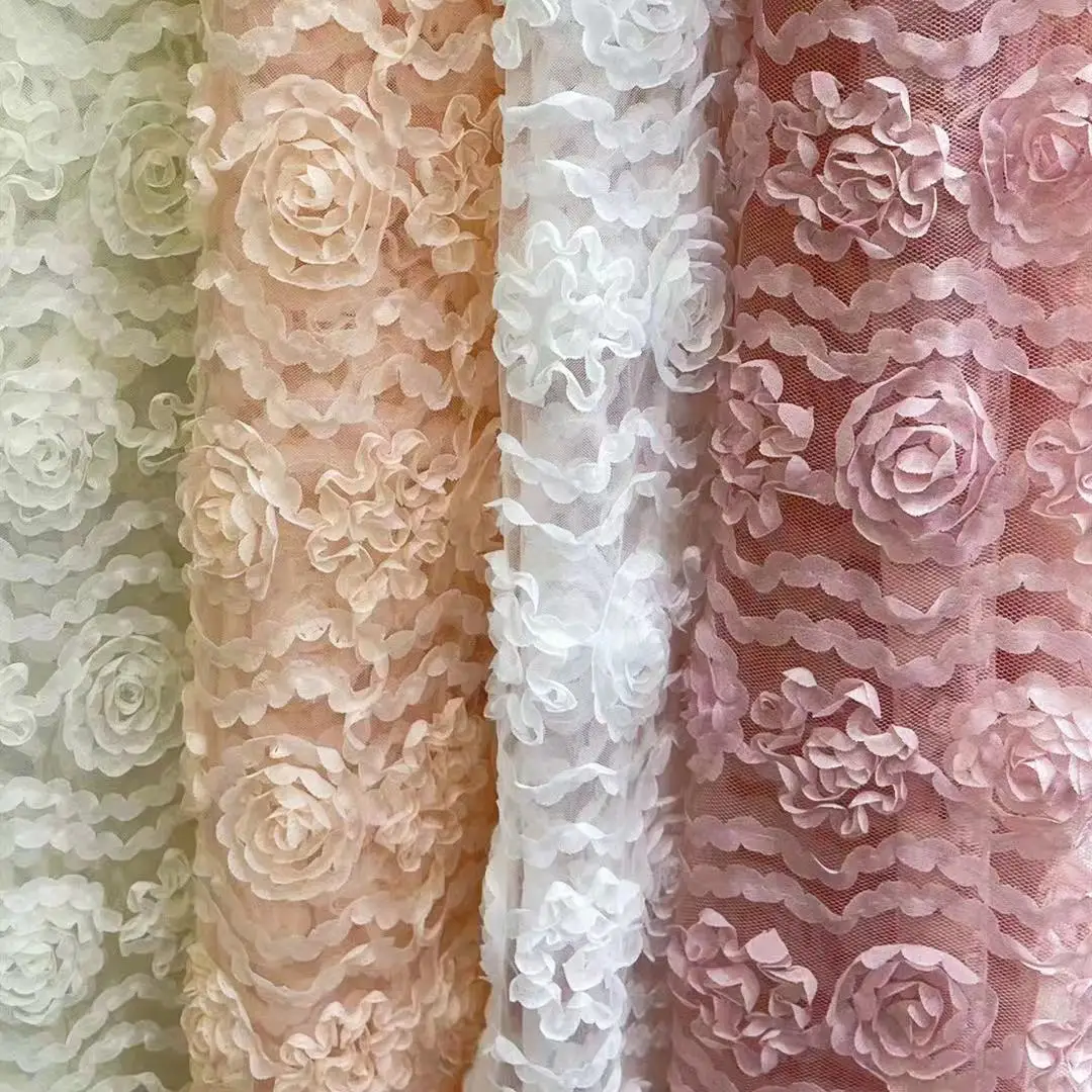 Factory Supply Wholesale Pink Lace Vintage 3d Rose Floral Pattern Embroidery Fabric Rosette Fabric For Wedding Dress