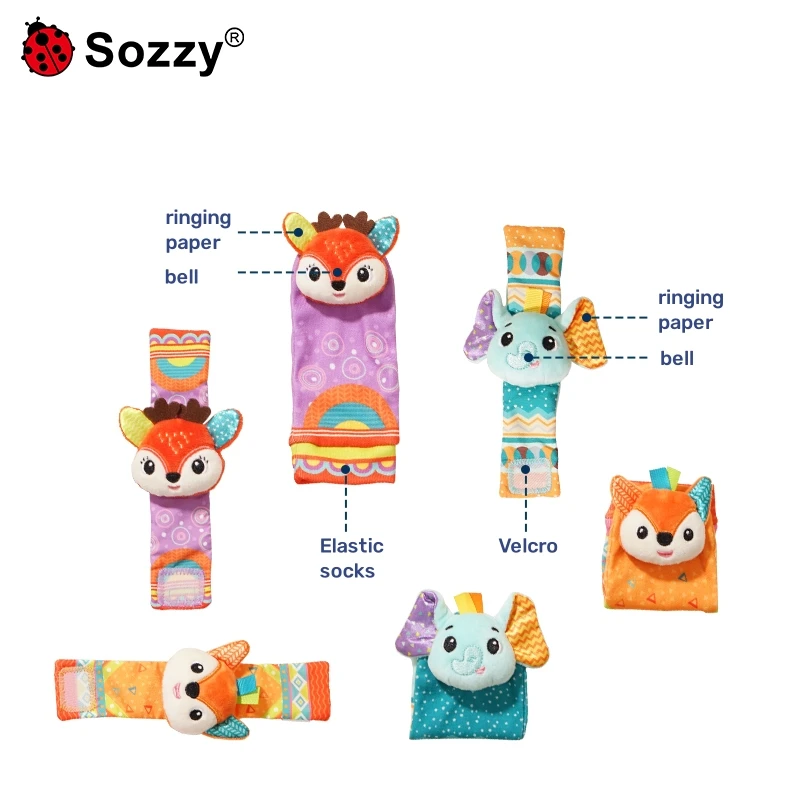 Sozzy easy manufacturing Cartoon Soft kids rattle toys baby wrist and foot set of 4 pcs finder baby infant stockings rattles