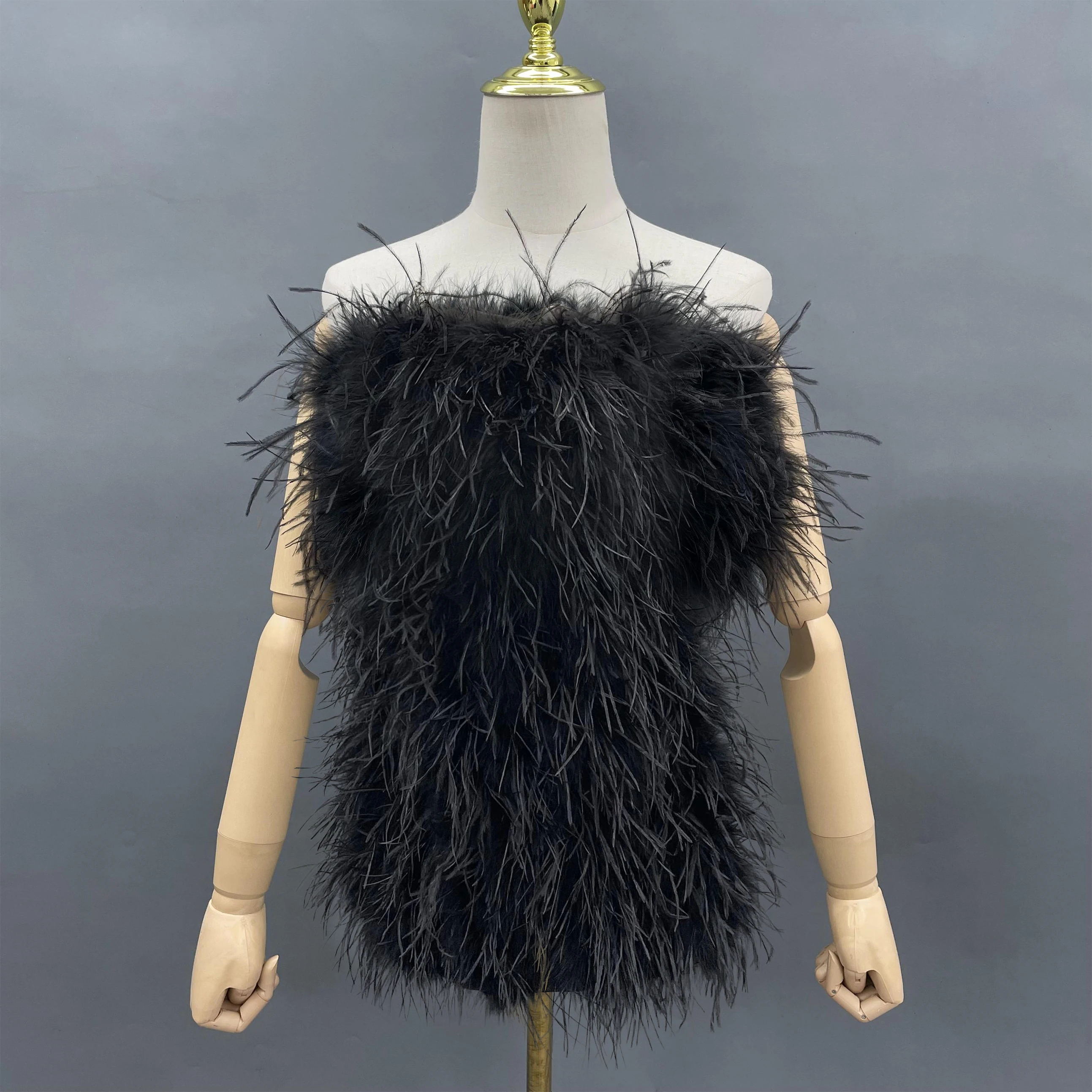 Ladies Party Long Green Wrap Feather Fur Dress Ostrich Dress