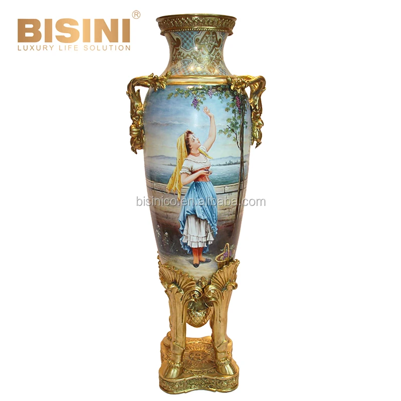 68 Inches High Classic Vintage Gilt Brass Three Cherub Mounted Rococo Painted Ornated Porcelain Vase