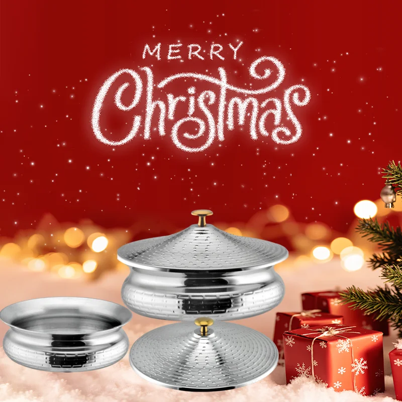 Premium Shallow Depth Soup Serving Bowl Hammered & Horizontal Stripes Round Mini Triply Stainless Steel Tableware Soup Tureen