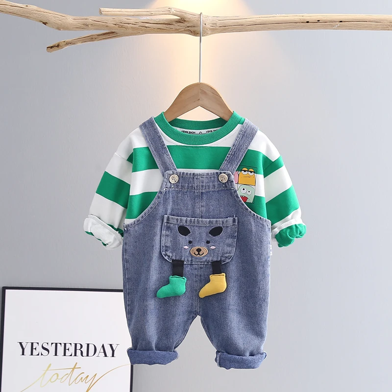 Toddler Kid Boy Girl 2Pcs Clothes Cute T Shirt Long Sleeve Top Suspender Short Jeans Pants