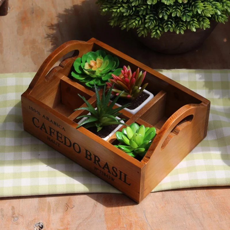 Wooden Succulent Flower Planter Box With Handle Desktop Organizer Rectangle Wooden Planters