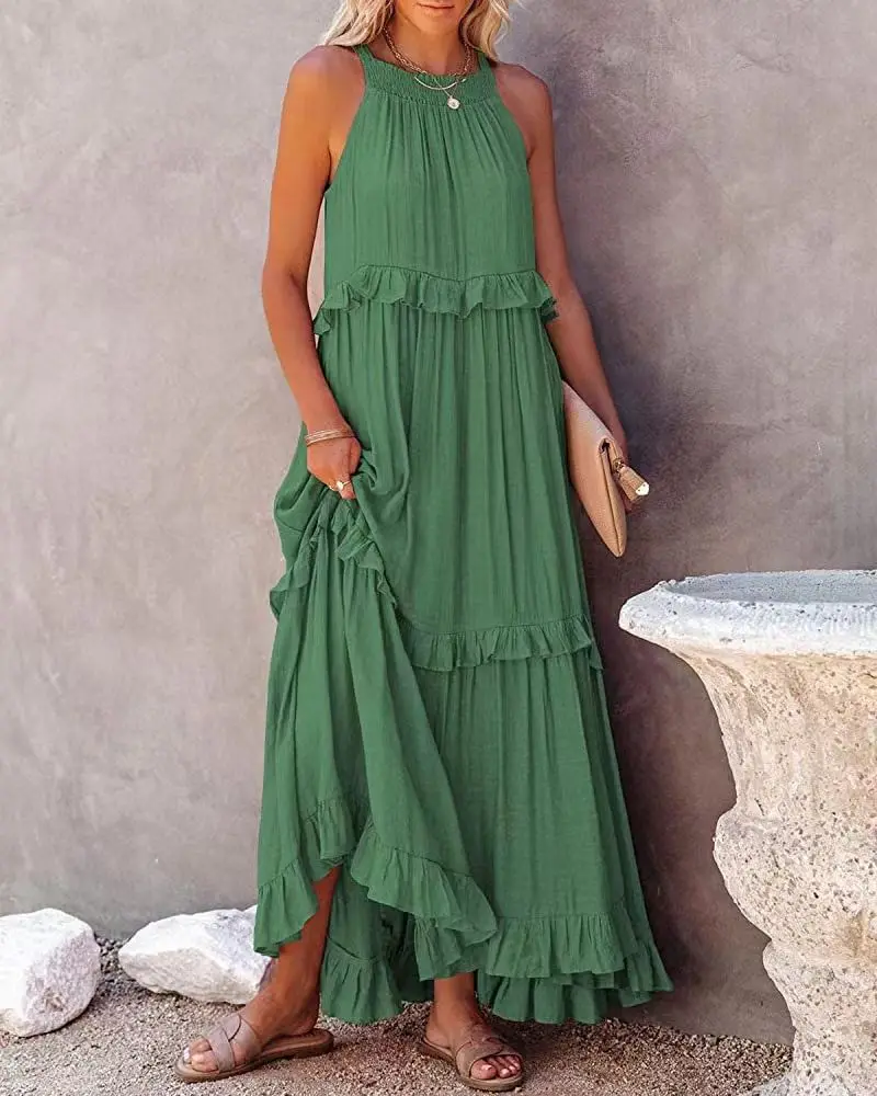 Women Sleeveless Beach Dress Summer Halter Layered Ruffles Casual Boho Flowy Maxi Dress