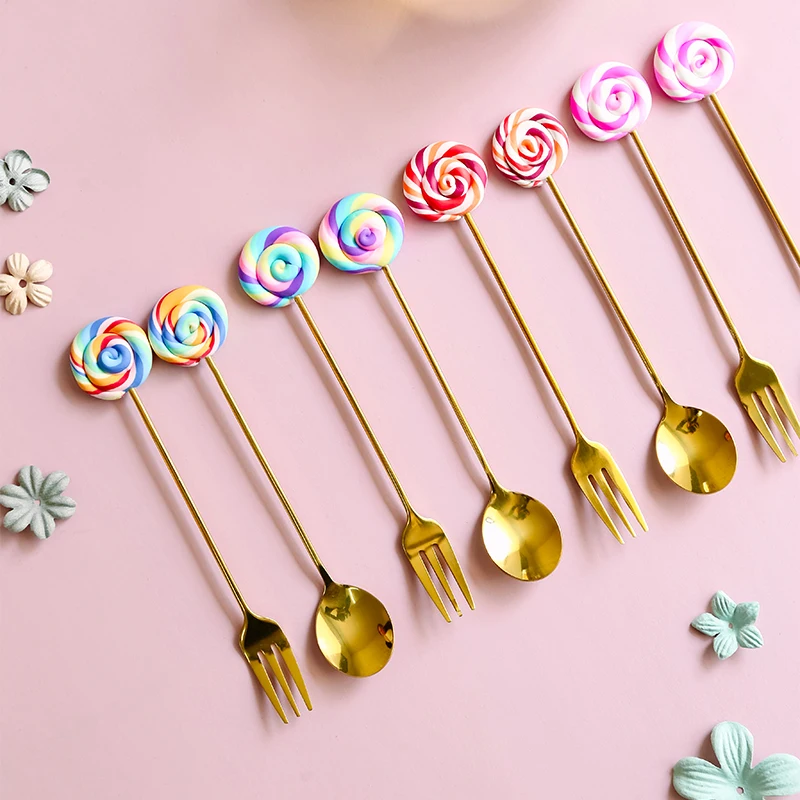 Wholesale Wedding Cutlery Child Rose Gold Stainless steel Candy Shaped Dessert Coffee Mixing Ice Cream Milk Tea Fork Spoon Set
