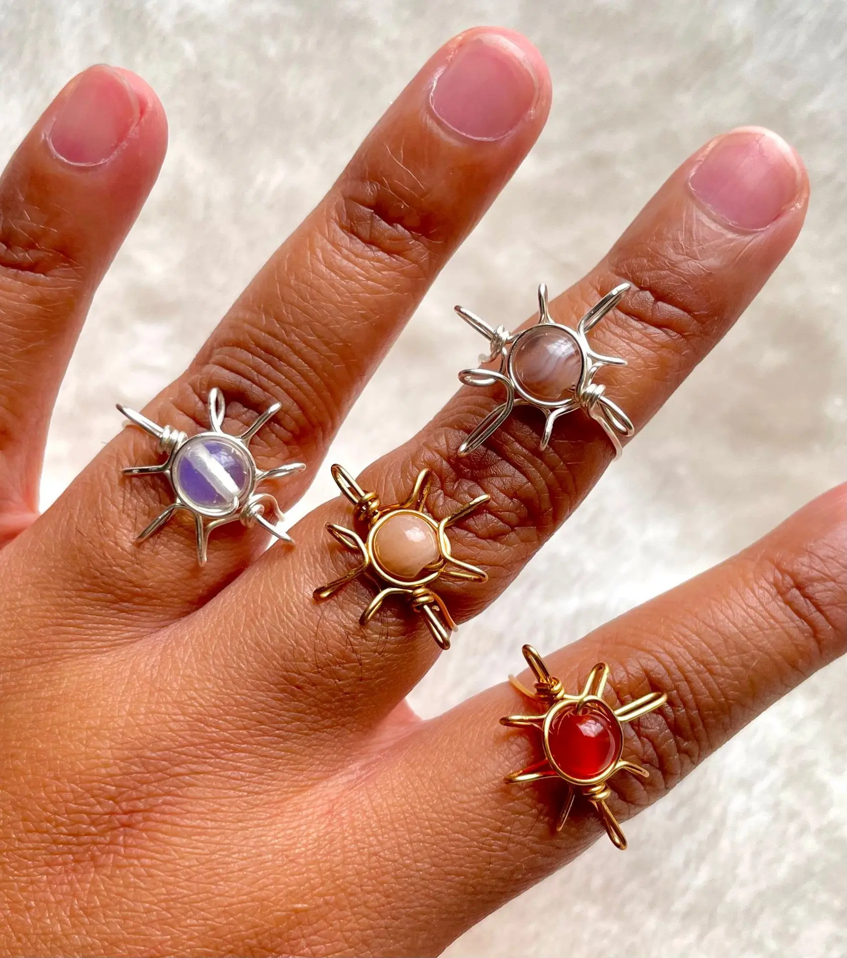 Wholesale Fashion Blue Evil Eye Gold Wire Wrap Raw Stone Natural Crystal Ring Set for Women Ladies