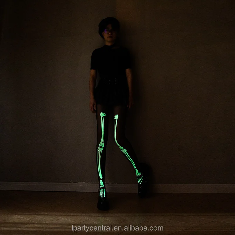 LP Joint bone print tattoo pantyhose Slimming black Dark Halloween glow bungee socks