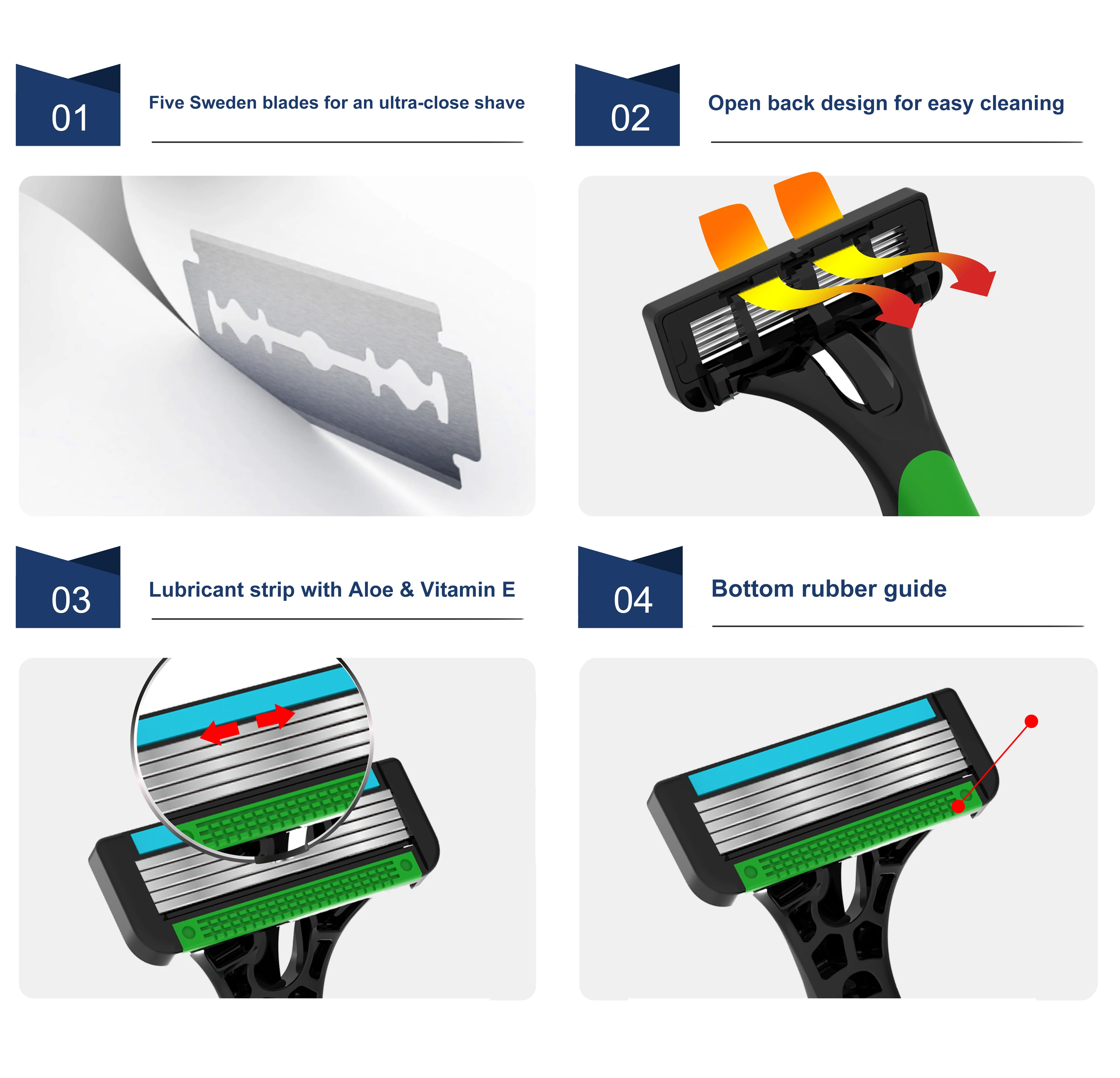 High Quality OEM Stainless Steel Five Blade Rubber Handle Disposable Shaving Razor