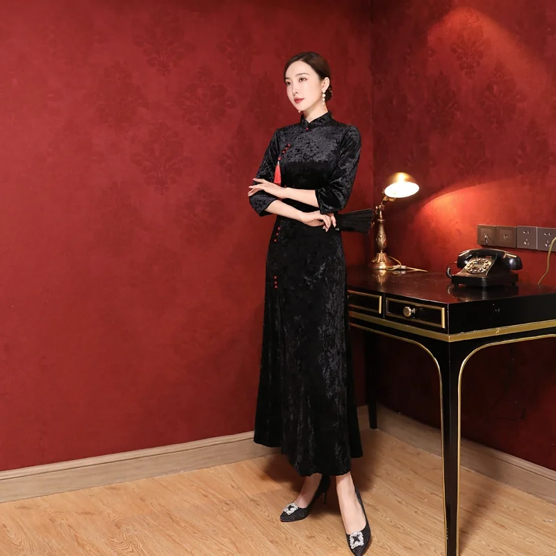 Платье-Ципао женское длинное из бархатной ткани, с рукавом до локтя