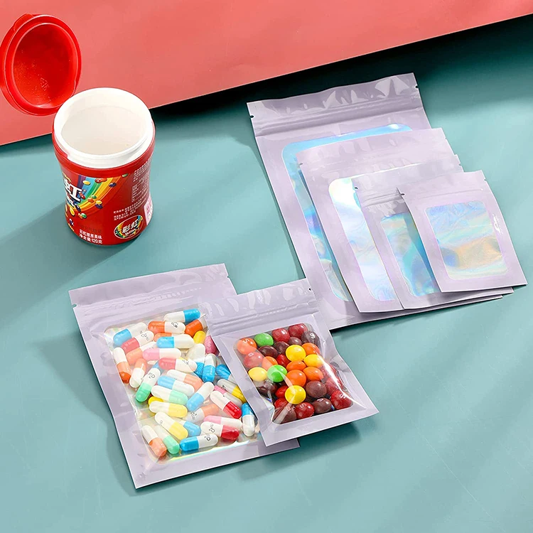Holographic Iridescent Packing Mylar Bag with Clear Window Ziplock Laser Pouch Food Storage Sealable Flat Plastic Bag