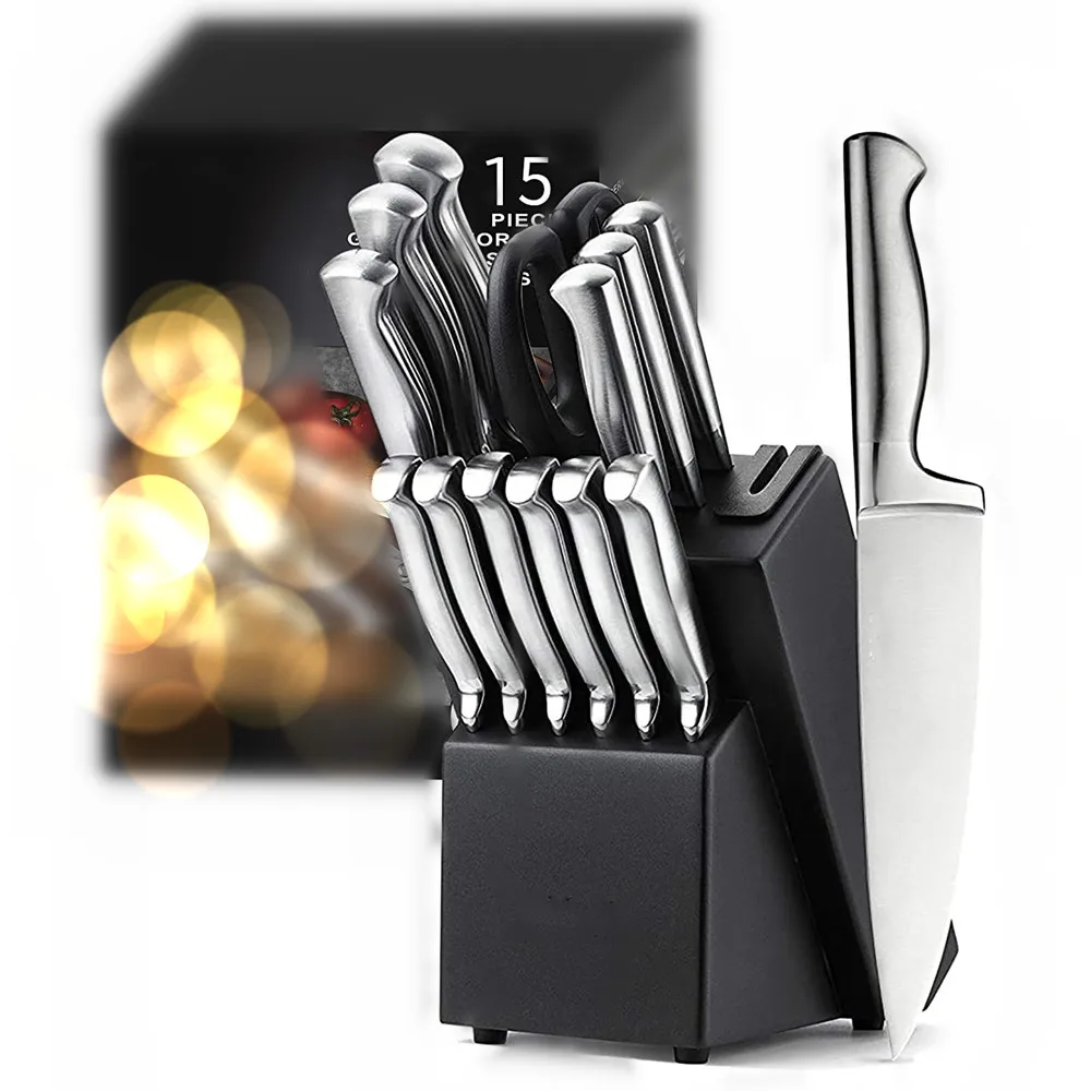 Hot Selling 15 Pieces Kitchen Knives Stainless Steel Hollow Handle Self Sharpening Chef Knife Set With Block