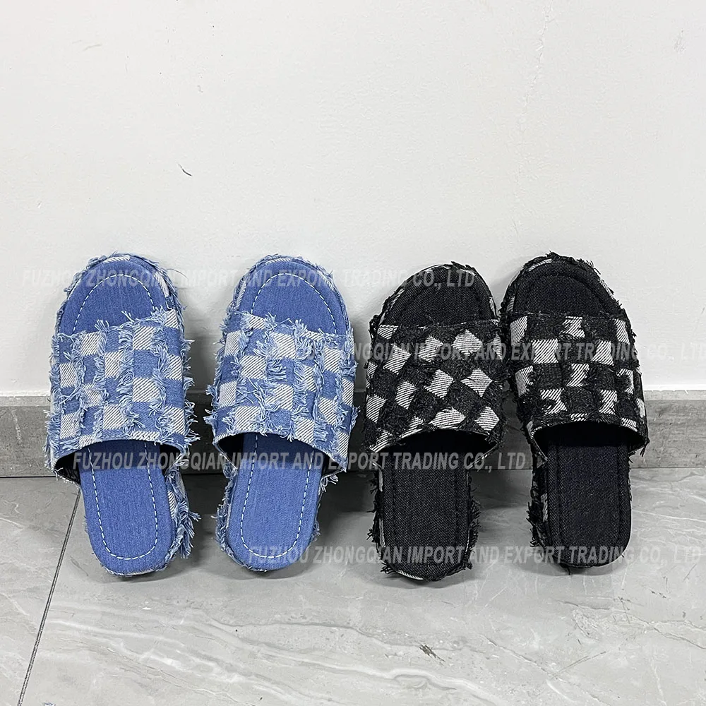 Denim Slippers Bucket Hat Purse Handbag Bag Set Cowboy Checkerboard Wedges Heels Flat Slides Slippers for Women Lady