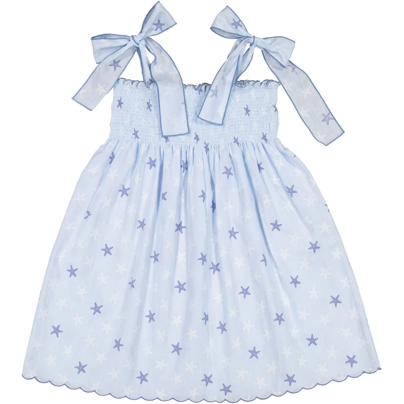 Boutique fashion kids girls casual dresses crop shoulder star printed smocked dresses for 3-12 years