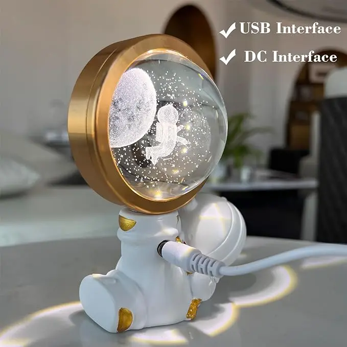 Home Decoration Luminous Galaxy Moon Crystal Ball Lamp Resin Base Astronaut Night Light Rotatable 3D Crystal Ball Saturn Lamp