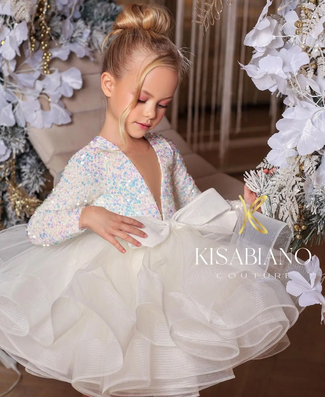 Long Sleeves Sequin Tulle Wedding Flower Girl Dress Kids Party Dress TUTU Dress with Horsehair