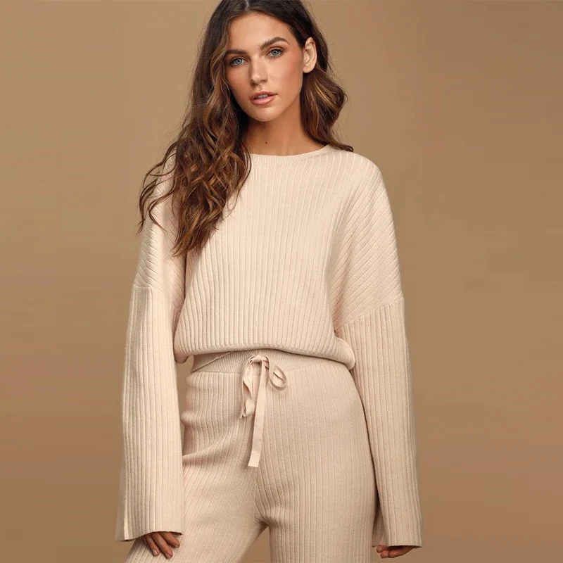 12GG Big Rib Fall Winter New Style Sweater Women Set Knitted Sweater And Pants Set with Wool Blend Sweaters Sets for Woman