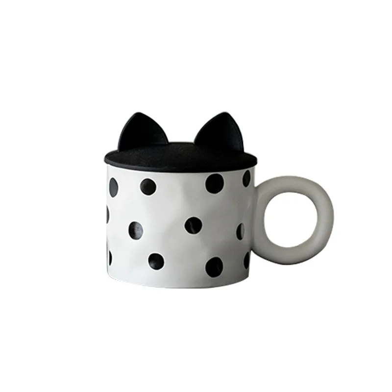 Retro Niche Checkerboard Wave Point Coffee Big Ear Drinkware Round Handle Porcelain Ceramic Mug With Lid And Spoon