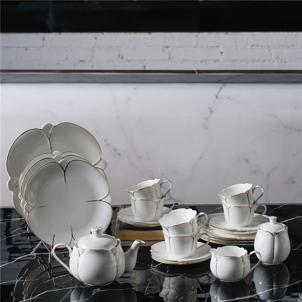 22pcs Coffee Cup Set Elegant Vintage Lily Tea Cup Afternoon Tea  Set with gold rim For Wedding party and wedding gift