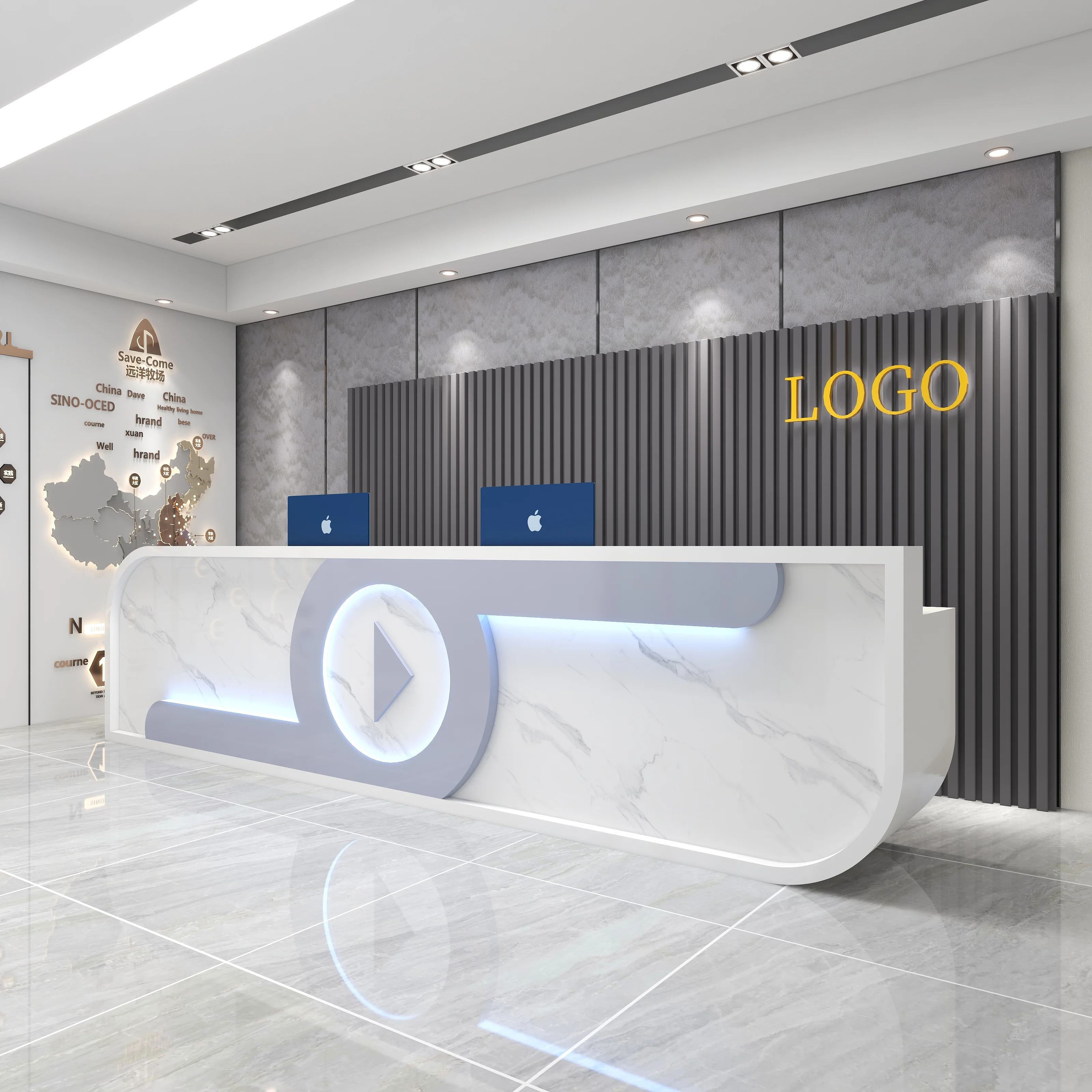 2022 New Style Hotel Room Front Desk Retail LED Geometric L-Shaped Reception Desk