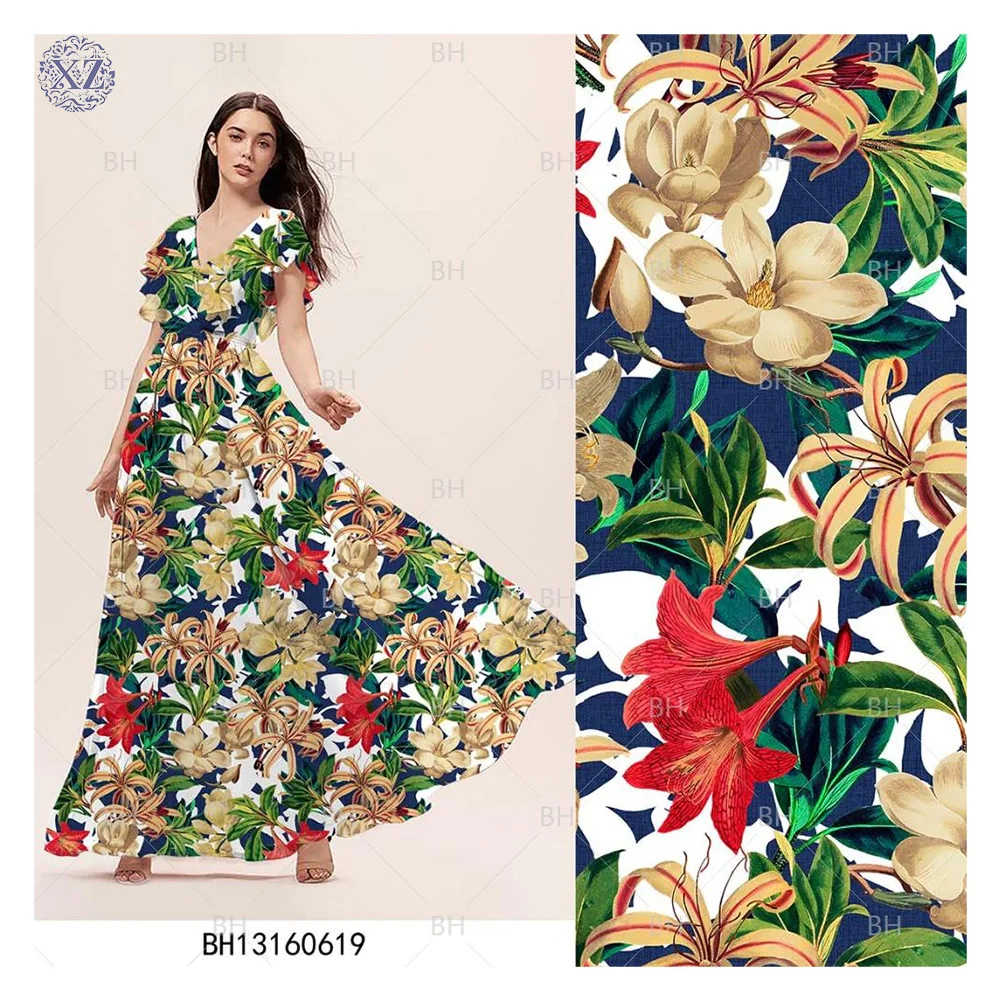 New Design High Quality fashion custom printing Rayon Poplin Printed Fabrics Lots Floral Rayon Fabric Dress