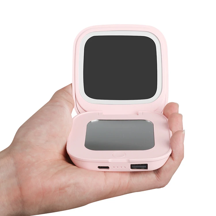 Производство на заказ, квадратные Розовые складные компактные зеркала для туалетного столика, светодиодные лампы по краю с подсветкой