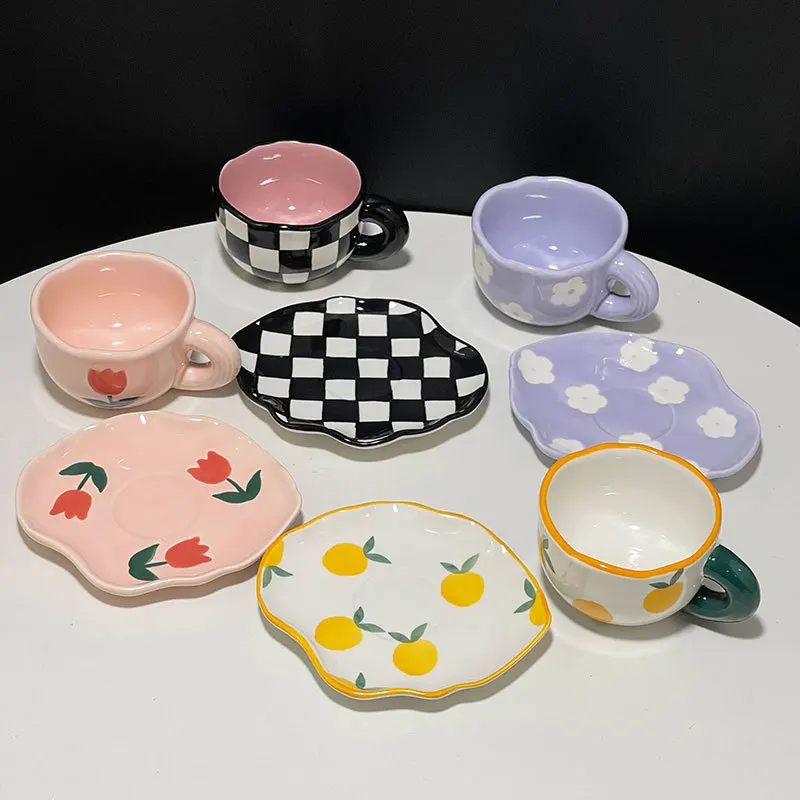 Ins Style Hand Painted Ceramic Mugs Personalized Original Design Coffee Cup Saucer For Tea Milk