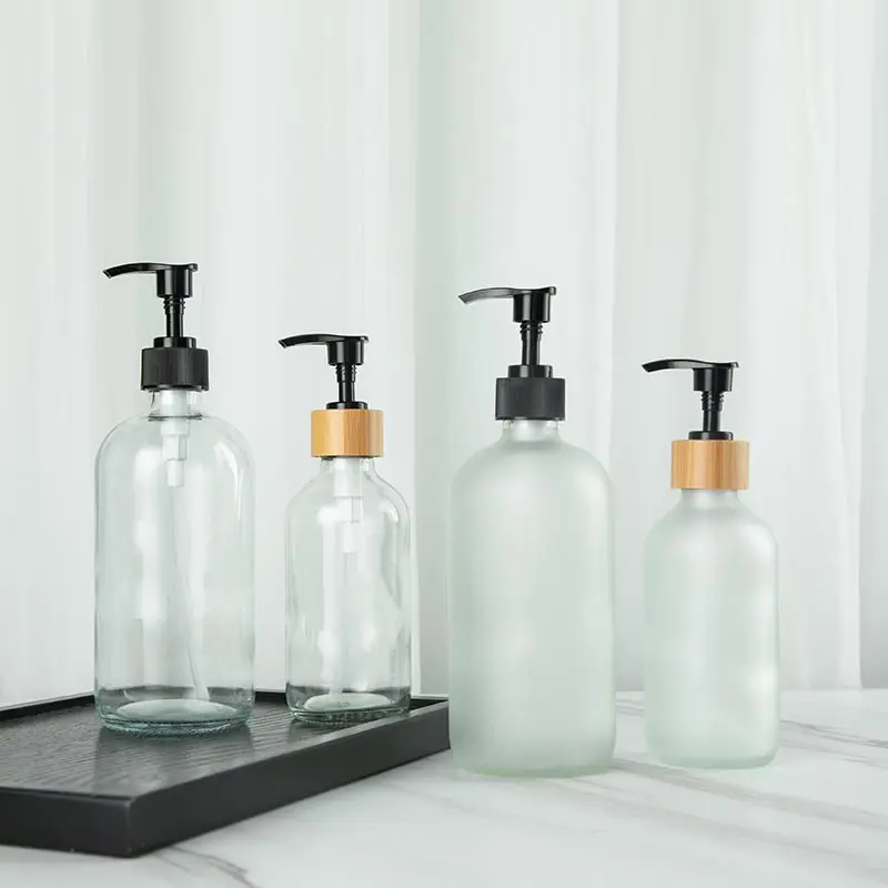 Custom Frosting Clear Boston Round Reusable 250ML 500ML Dish Wash Hand Soap Body Washing Glass Dispenser Bottle with Lotion Pump